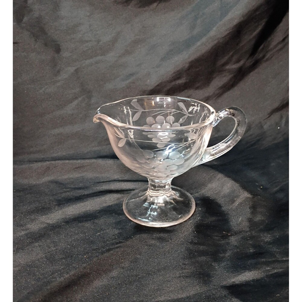 Vintage Clear Glass Creamer Etched Grapes